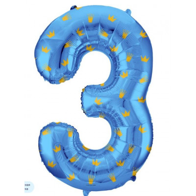 Шар (34''/86 см) Цифра, 3 Золотые короны, Голубой, 1 шт. в уп.