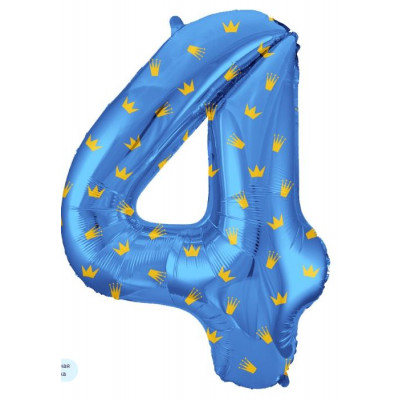 Шар (34''/86 см) Цифра, 4 Золотые короны, Голубой, 1 шт. в уп.