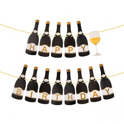 Гирлянда Шампанское, Happy Birthday, Черный, 150 см, 1 упак.