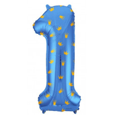 Шар (34''/86 см) Цифра, 1 Золотые короны, Голубой, 1 шт. в уп.
