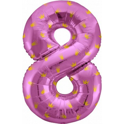 Шар (34''/86 см) Цифра, 8 Золотые короны, Розовый ЛИКВИДАЦИЯ