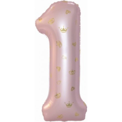 Шар (34''/86 см) Цифра, 1 Золотые короны, Розовый, 1 шт. в уп.
